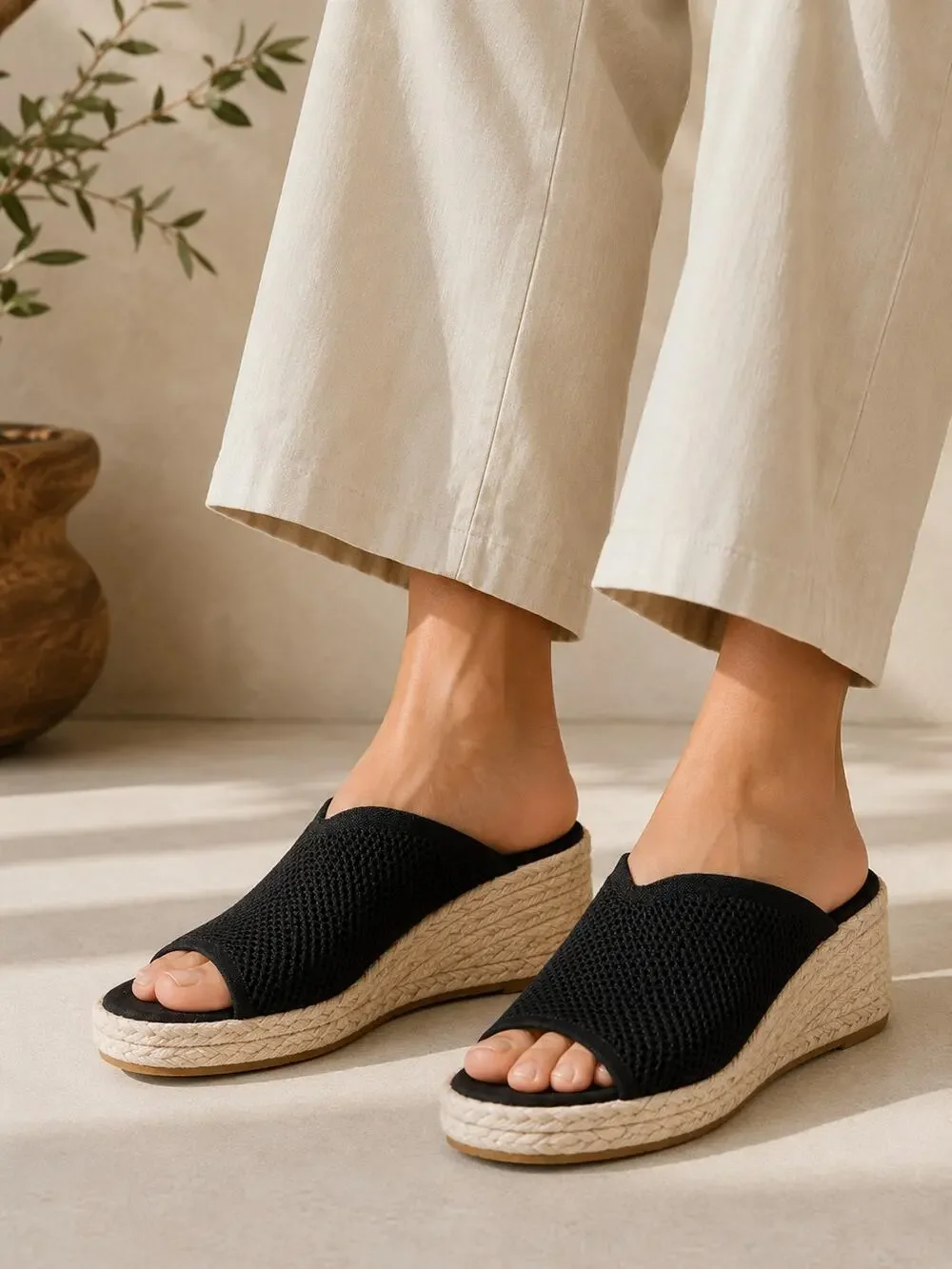 Eileen Fisher SZ 9.5 Tali Recycled Stretch Knit Espadrille Wedge Sandals